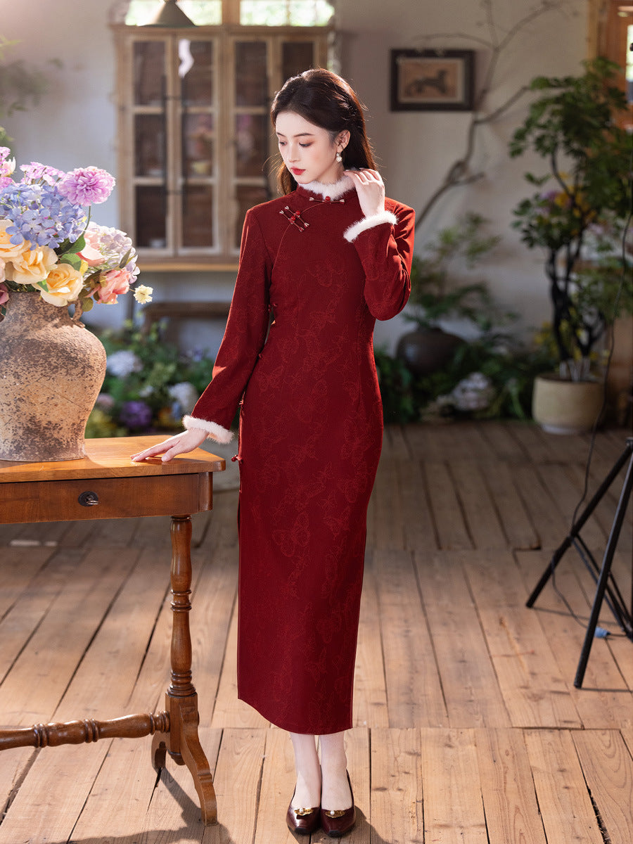 2025 New Red Velvet Cheongsam | Daily & Engagement Warm Dress