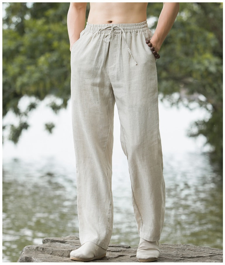 Mens Summer Thin Breathable Linen Pants Cotton Linen Wide Leg Casual