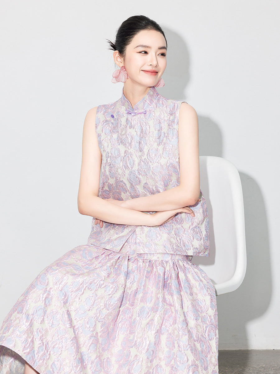 Brocade Jacquard Heavy Craft Puff Skirt & Vest Set for Autumn