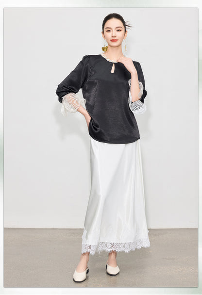 Elegant High-Waist Satin Lace Patchwork Skirt