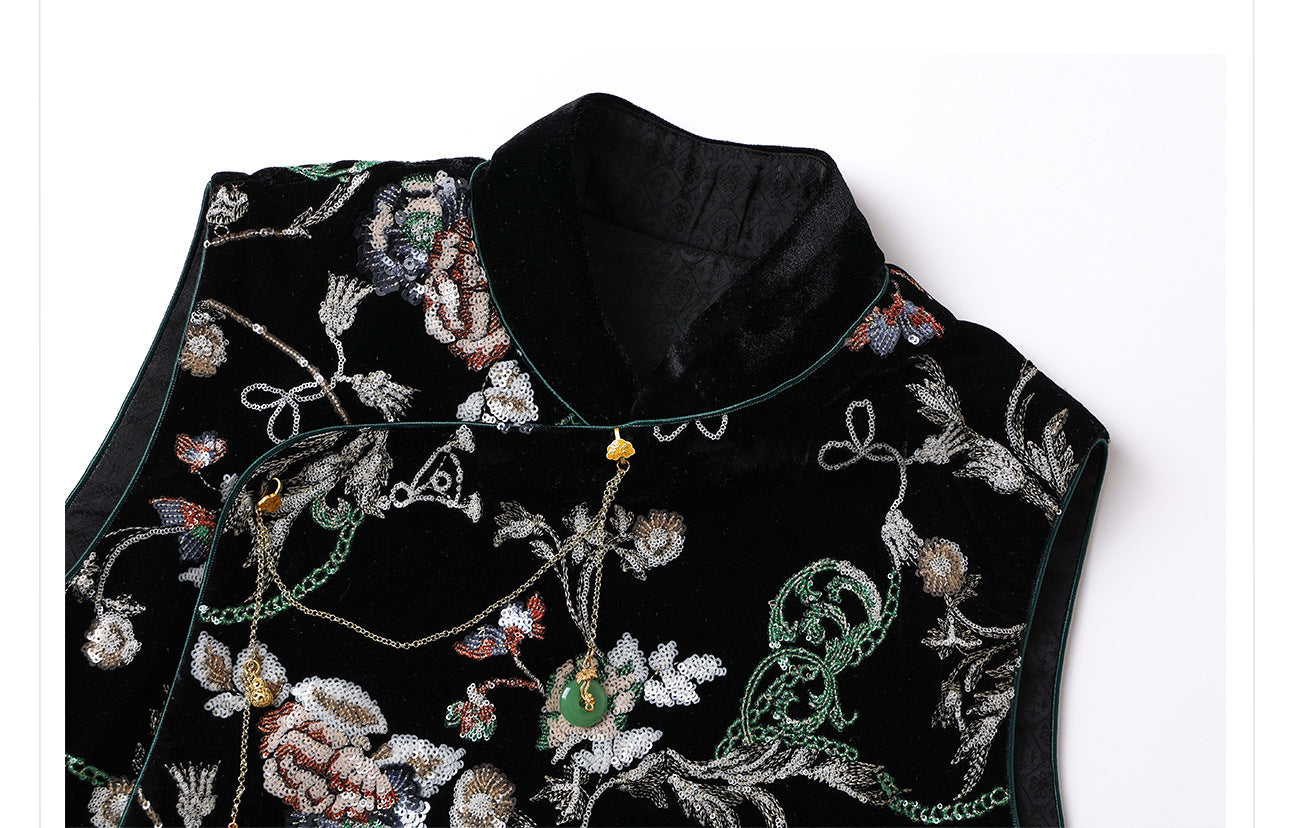 Elegant Velvet Floral Sequin Vest – High-End Women's Fashion