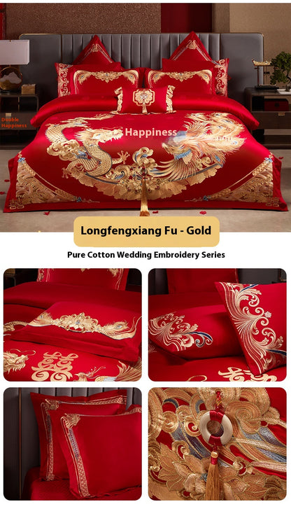 Luxury Red Cotton Wedding Bedding 4-Piece Embroidered Set