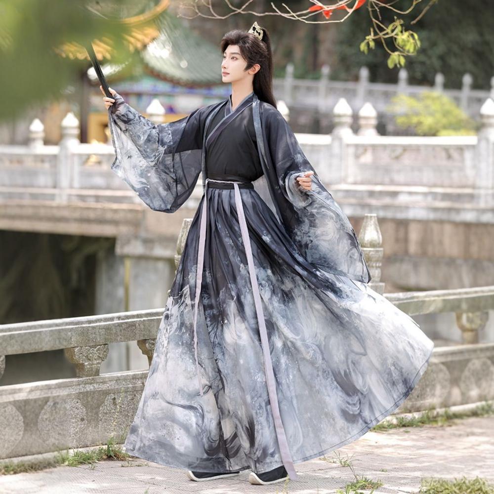 Oriental Ancient Drama Hanfu Costume Mens White Ink Print Daily Wear