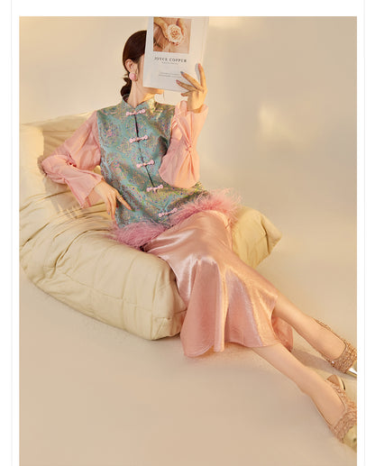 Ostrich Feather Detachable Vest – Elegant New Chinese Style Top