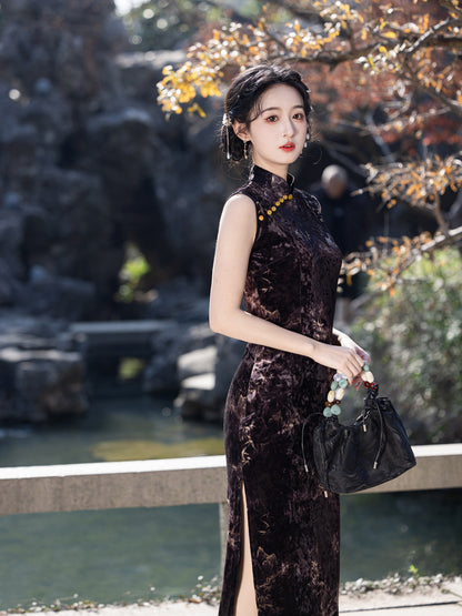 New Chinese Style Black Velvet Cheongsam – Slim Fit Dress