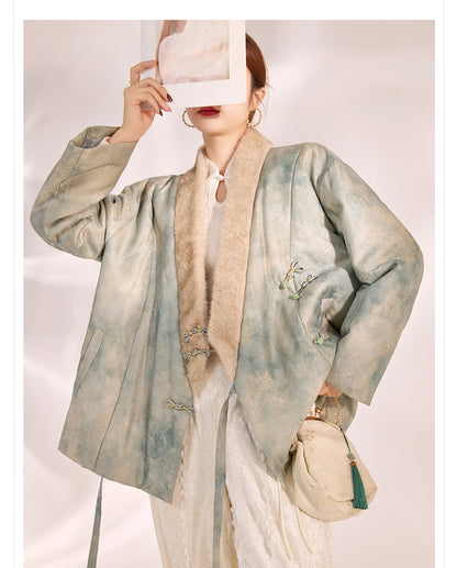 New Chinese Style Feather Collar Embroidered Cotton Jacket for Women