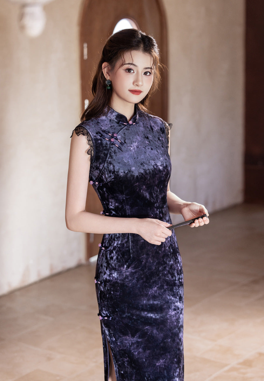 Purple Sleeveless Cheongsam – Old Shanghai Retro 2025 Autumn Dress