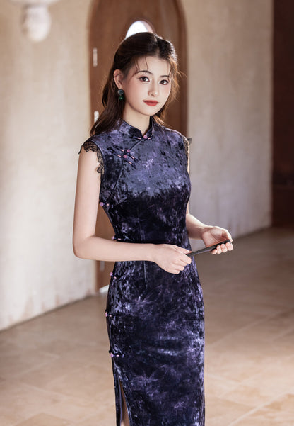 Purple Sleeveless Cheongsam – Old Shanghai Retro 2025 Autumn Dress
