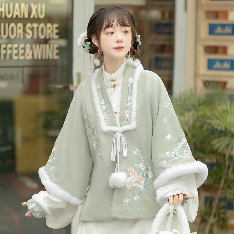 Trees of Sea Women Ming Hanfu Set: Fleece Lined Embroidered Collared Jacket & Horse Face Skirt New Year Outfit