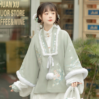 Trees of Sea Women Ming Hanfu Set: Fleece Lined Embroidered Collared Jacket & Horse Face Skirt New Year Outfit