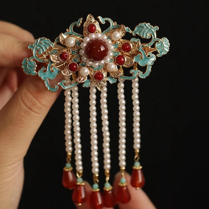 Original Hanfu Hairpin Retro Song Ming Style Enamel Duckbill Clip Red Bridal