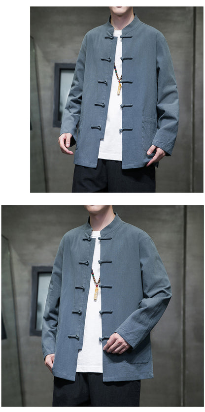 Mens Autumn Chinese Style Hanfu Tang Suit Button Up Cotton Linen Top