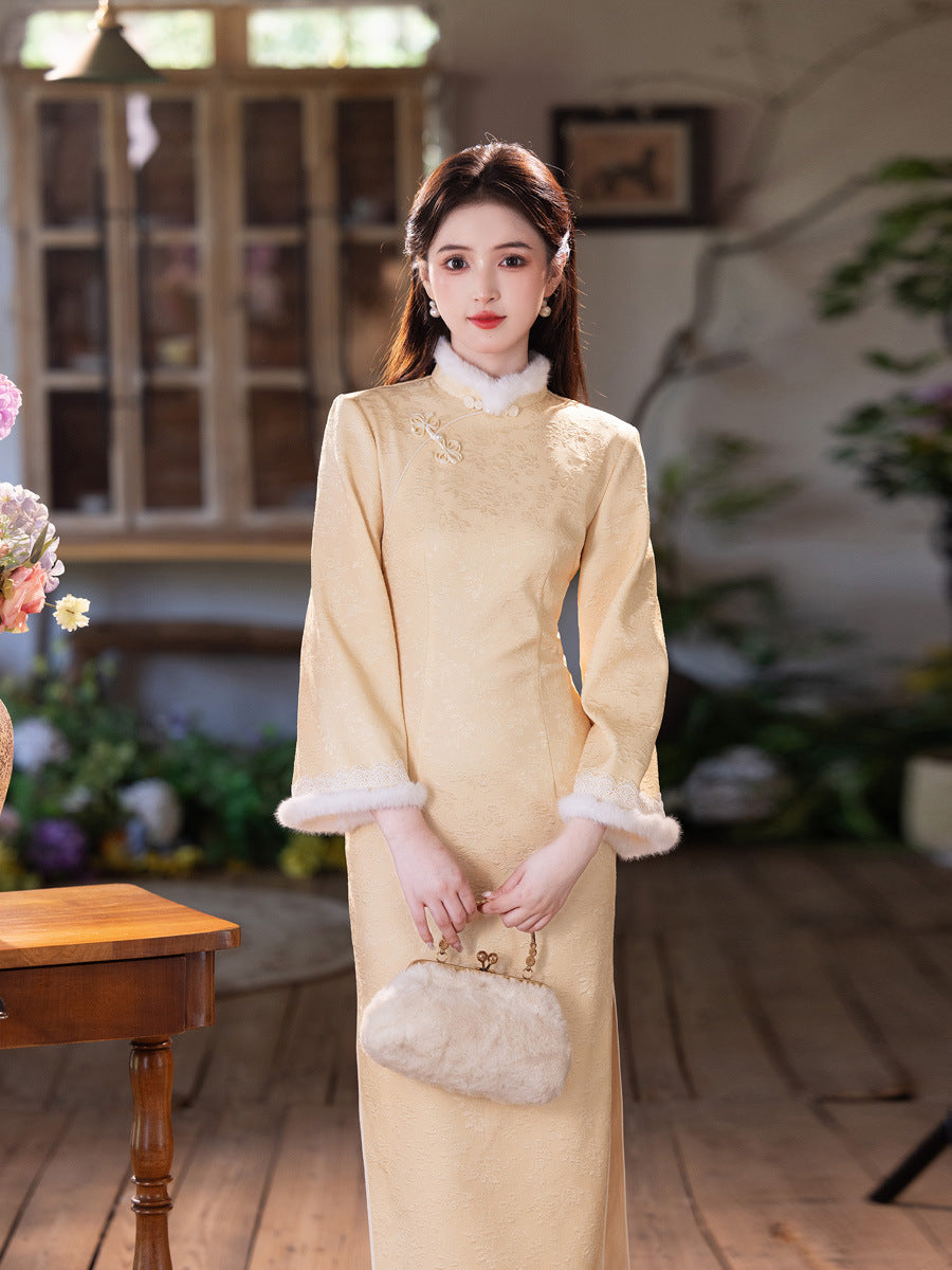 Yellow Fleece-Lined Winter Qipao | Thickened Long-Sleeve Retro Dress 2025