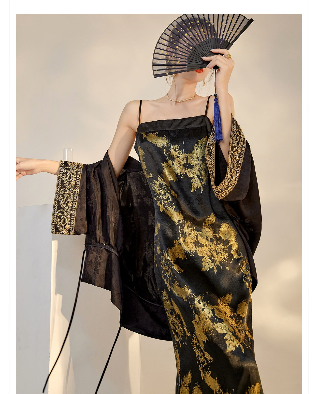 Summer New Chinese Printed Rayon Shirt & Strap Dress Set