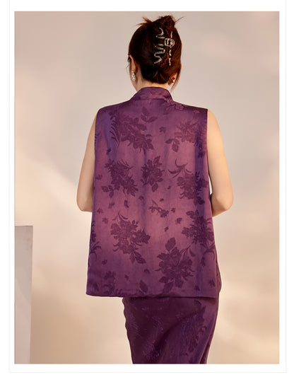 2026New Chinese Style Super Beautiful Purple Printed Rayon Vest and Skirt Early Autumn Set for Women