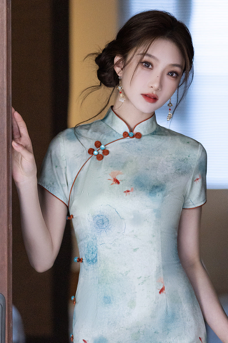 Elegant Blue Cheongsam – Daily Wear 2025 Spring Dress