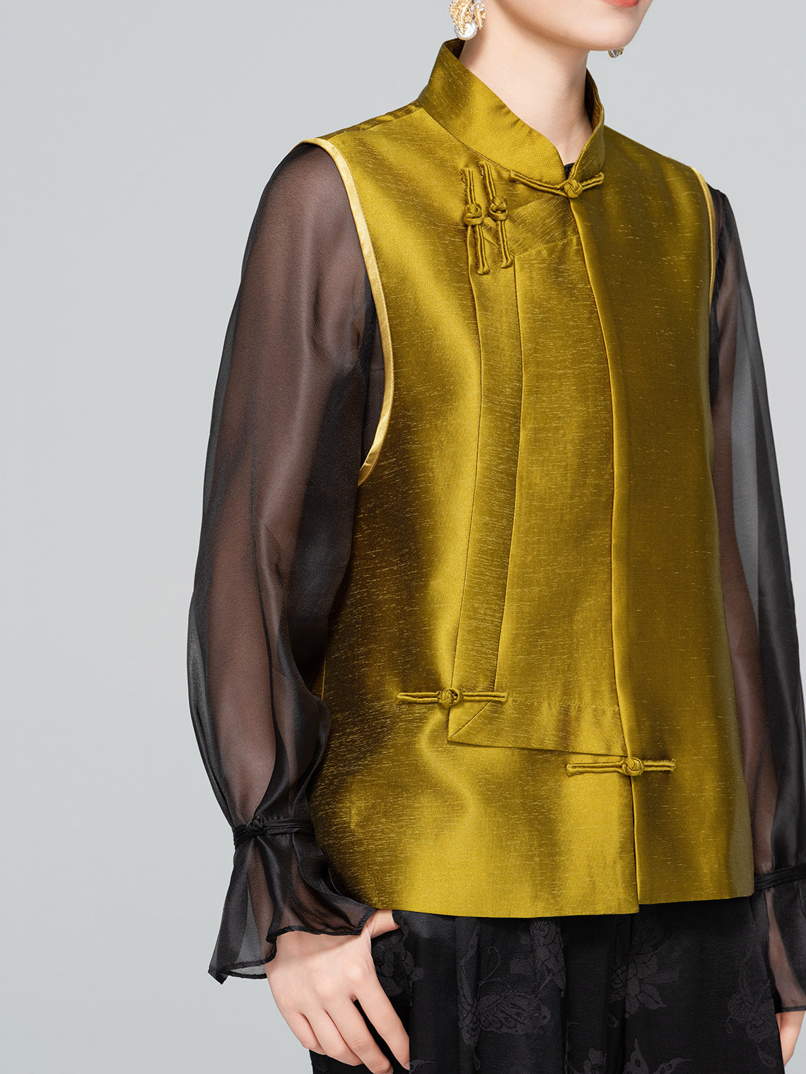 Elegant Stand Collar Button Sleeveless Layered Vest