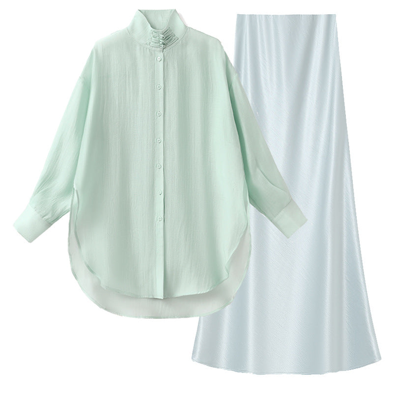 Autumn Button-Up Stand Collar National Style Top & Skirt Set