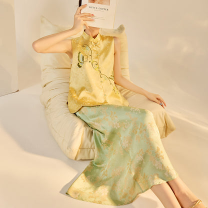 High-End Embroidery Stand Collar Vest & Jacquard Mermaid Skirt