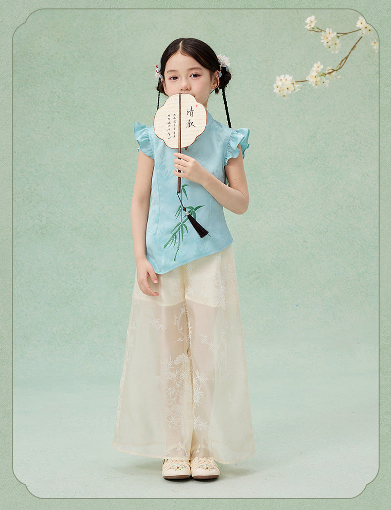 Children’s Chinese Summer Set — Shirt Top & Loose Wide-Leg Pants