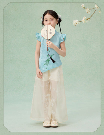 Children’s Chinese Summer Set — Shirt Top & Loose Wide-Leg Pants