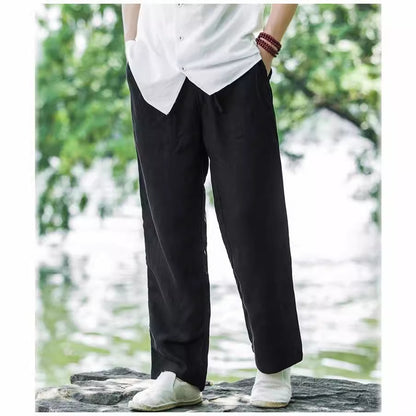 Mens Summer Thin Breathable Linen Pants Cotton Linen Wide Leg Casual