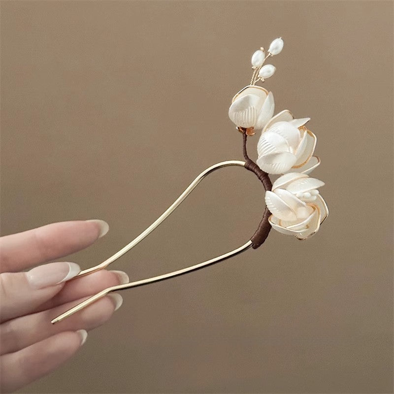 U Hairpin Glass White Magnolia Chinese Style Forest Fairy Cheongsam Accessory