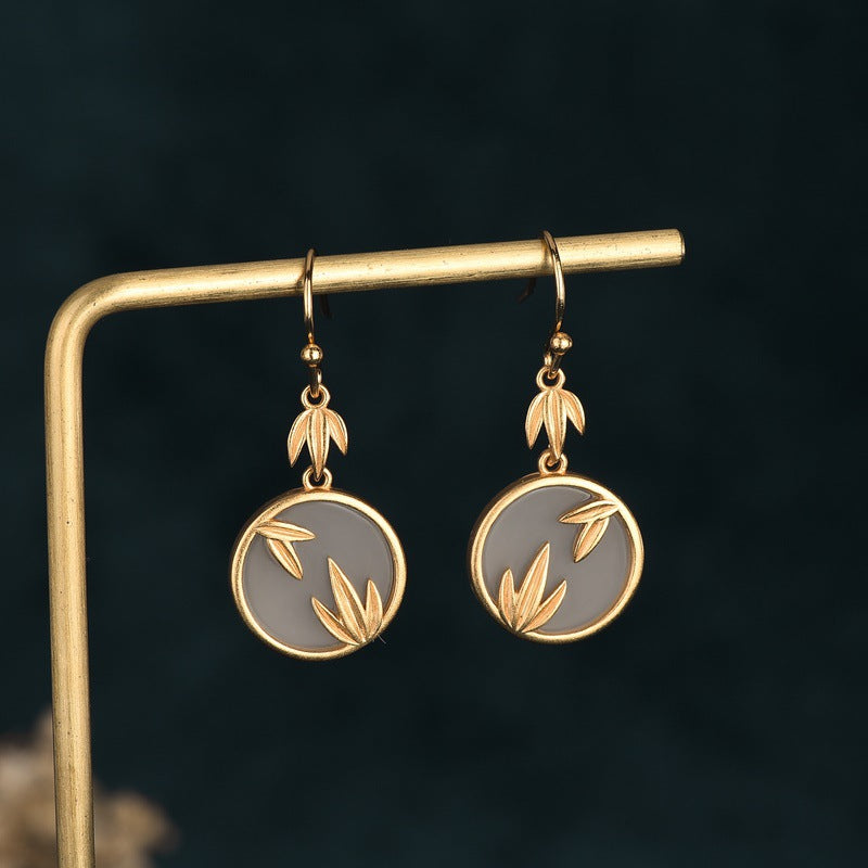 Classical Style Jade Earrings — Copper Plated 24K Gold Bamboo Leaf