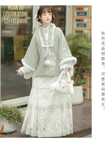 Trees of Sea Women Ming Hanfu Set: Fleece Lined Embroidered Collared Jacket & Horse Face Skirt New Year Outfit