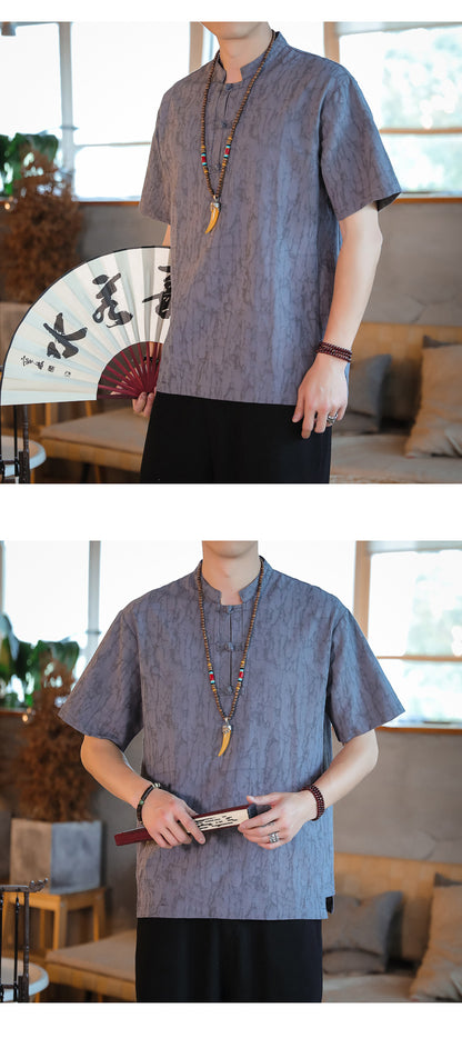 Chinese Style Mens Cotton Linen Tang Suit Short Sleeve Casual T Shirt