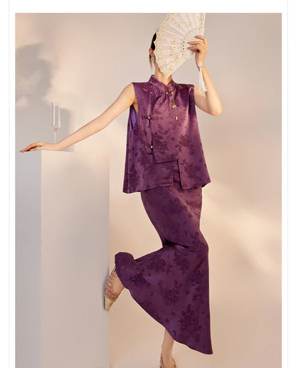 2026New Chinese Style Super Beautiful Purple Printed Rayon Vest and Skirt Early Autumn Set for Women