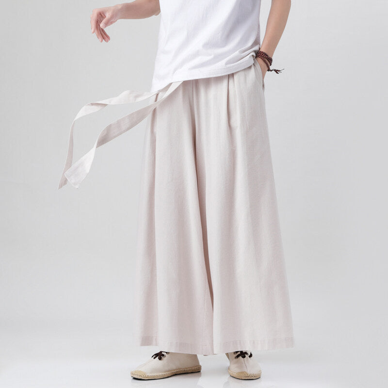 Mens Chinese Style Hanfu Linen Nine Point Retro Wide Leg Pants