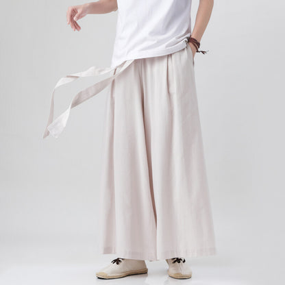 Mens Chinese Style Hanfu Linen Nine Point Retro Wide Leg Pants