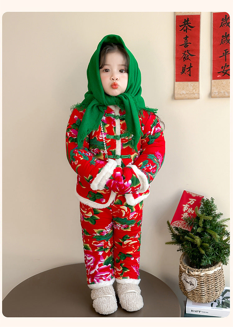 Winter Girls Floral Jacket & Pants Thickened Two-Piece Set