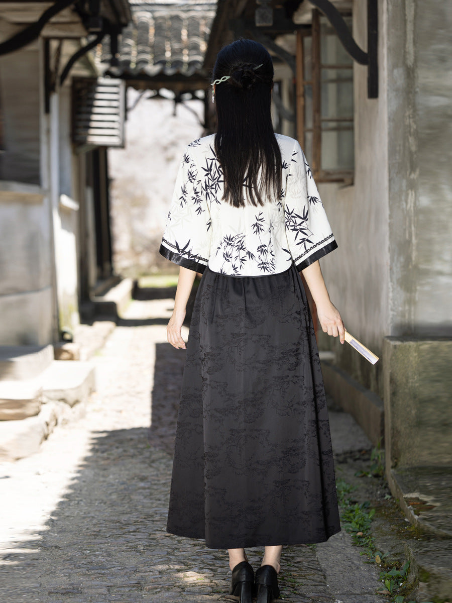 Elegant Improved Cheongsam Top & Hanfu Ink Design Skirt Set