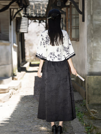 Elegant Improved Cheongsam Top & Hanfu Ink Design Skirt Set