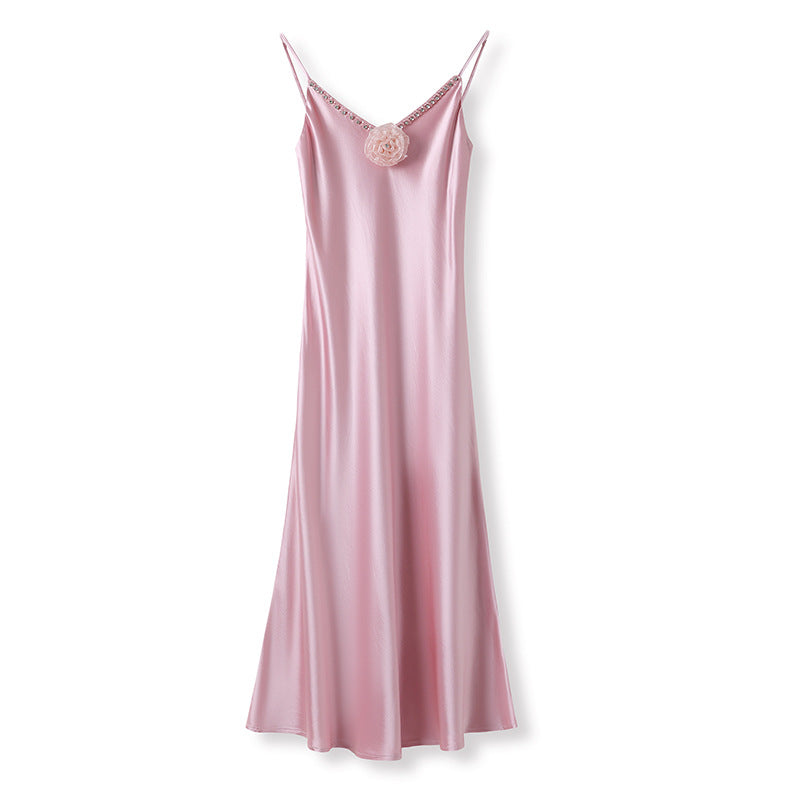 French Style Pink 3D Rose Acetate Strap Dress Elegant Long Gown