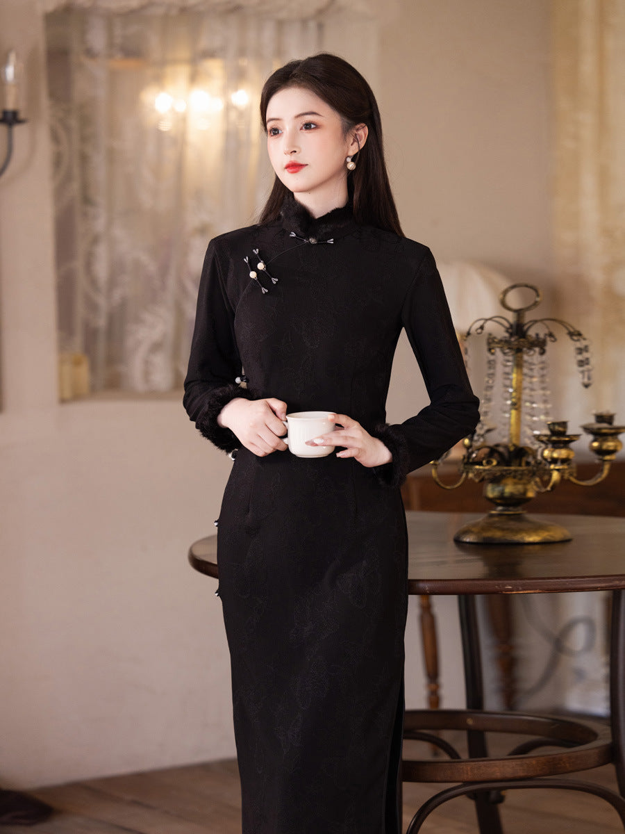 2025 New Black Thickened Cheongsam | Elegant Daily Warm Winter Dress