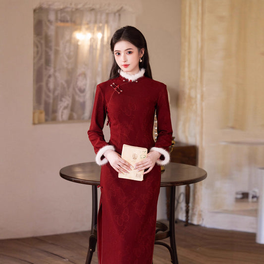 2025 New Red Velvet Cheongsam | Daily & Engagement Warm Dress