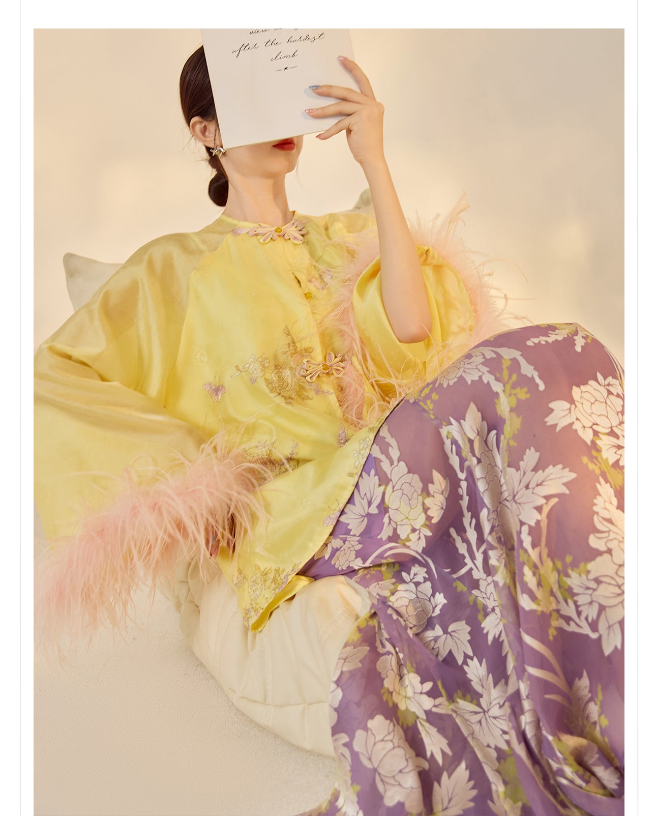 New Chinese Embroidered Feather Sleeve Patchwork Top & Skirt Set