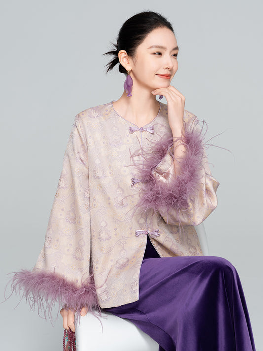 Stylish Satin Jacket with Unique Furry Sleeves