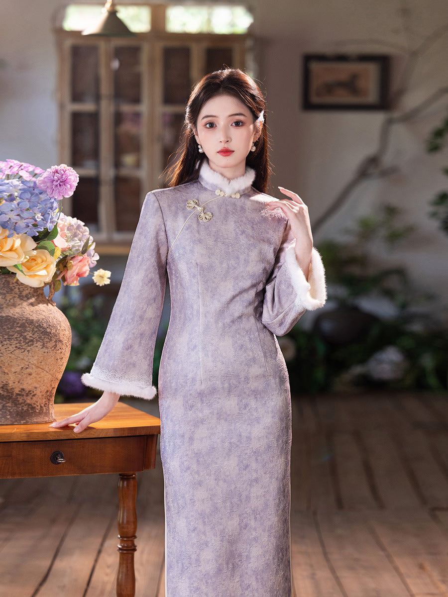 New Chinese Style Purple Qipao | Thickened Warm Retro Winter Dress