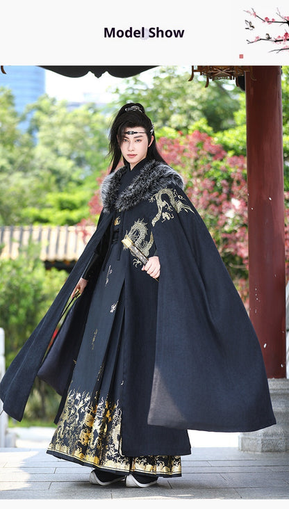 Men's Fleece-Lined Fur Collar Cloak New Chinese Style Winter Hanfu