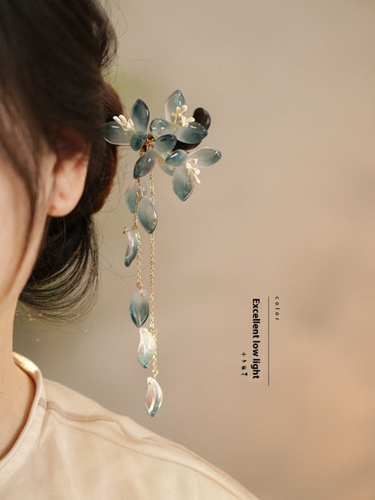 Ink Blue Magnolia Hairpin | New Chinese Style Elegant Wooden Accessory