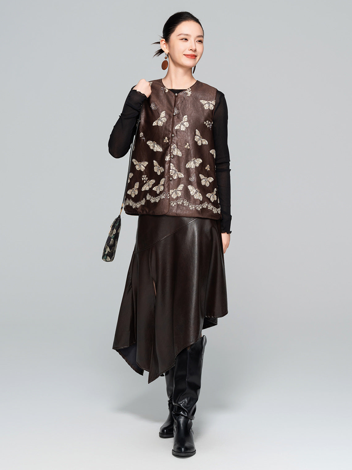 Autumn High-Waist Leather Slit Skirt for Women