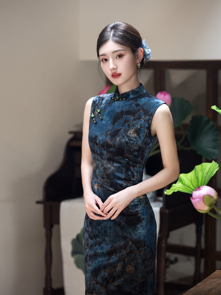 Modified Slim Fit Qipao – Elegant Vintage Blue Chinese Dress