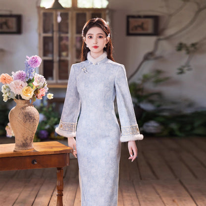 Gentle Brightening Cheongsam | New Chinese Style Winter Thickened Fleece Dress