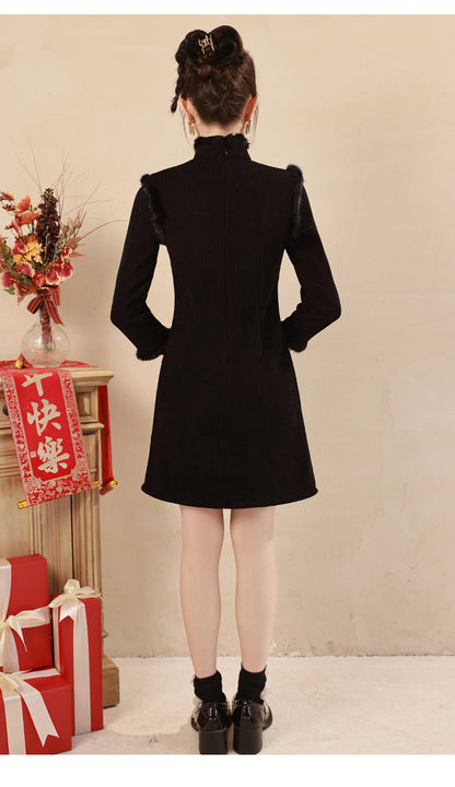 Red Winter Short Qipao Jacket | Fleece-Lined Thickened New Year Dress