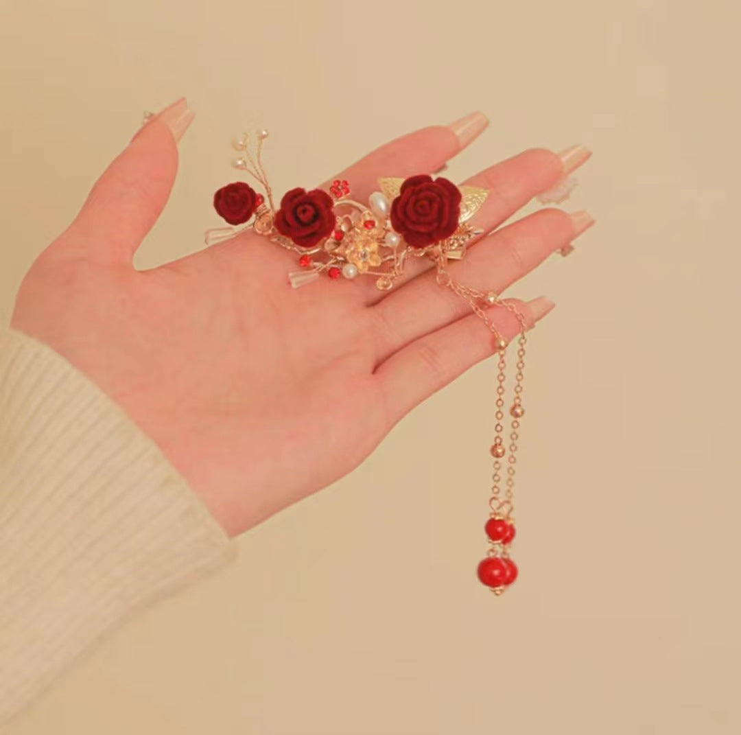 Orchid tassel headdress with side clips and new Chinese flower hairpins