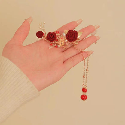 Orchid tassel headdress with side clips and new Chinese flower hairpins